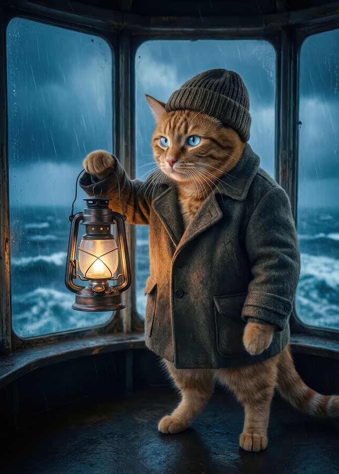 Cat with Lantern in Stormy Sea