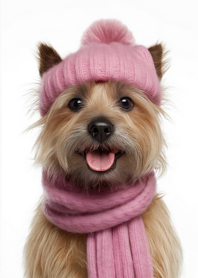 Cozy Cairn Terrier Dog Wearing Pink Hat and Scarf