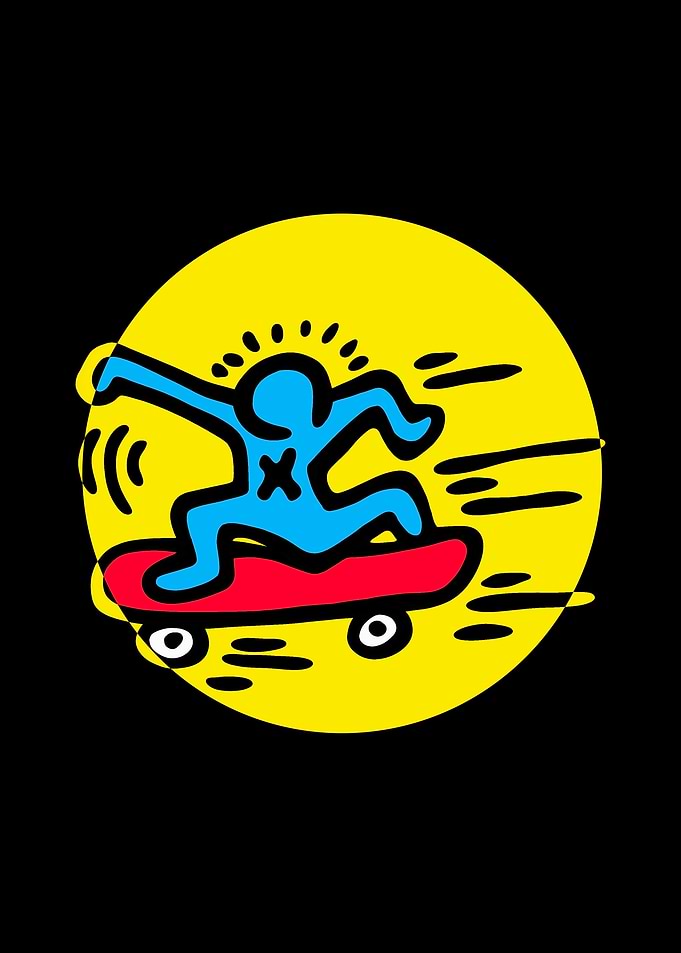 Blue figure skateboarding on red skateboard