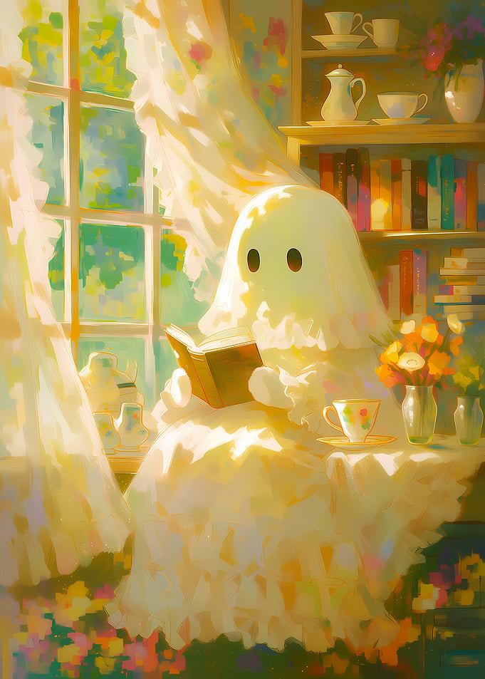 Ghost reading a book by the window