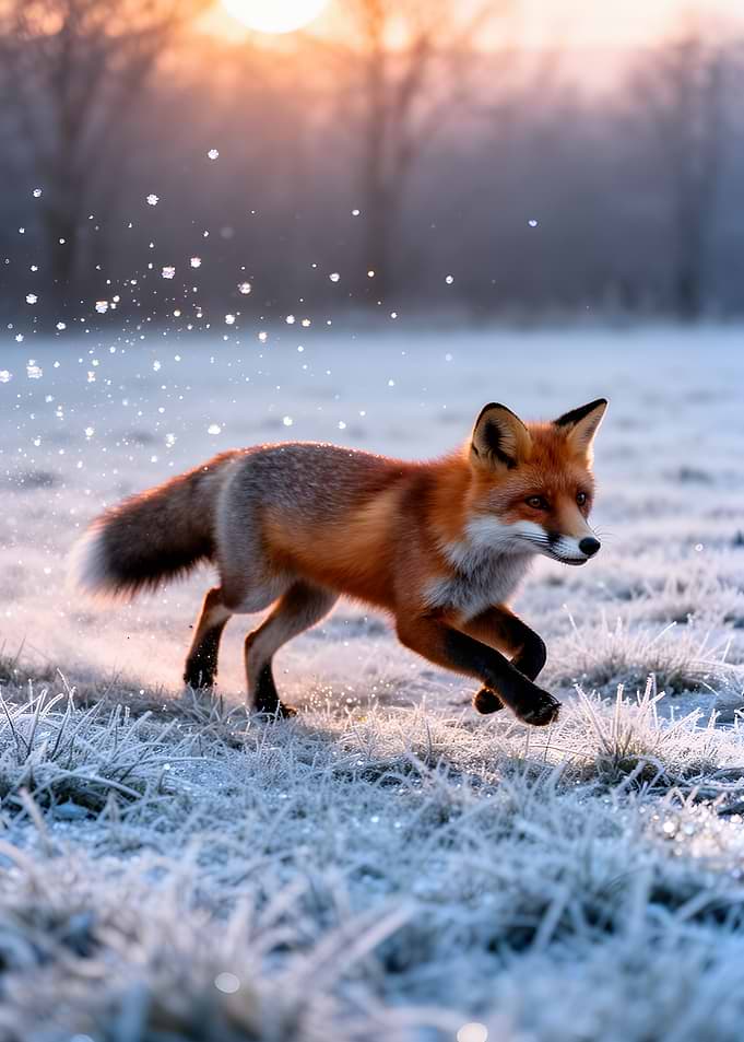 Fox running in frosty field at sunrise