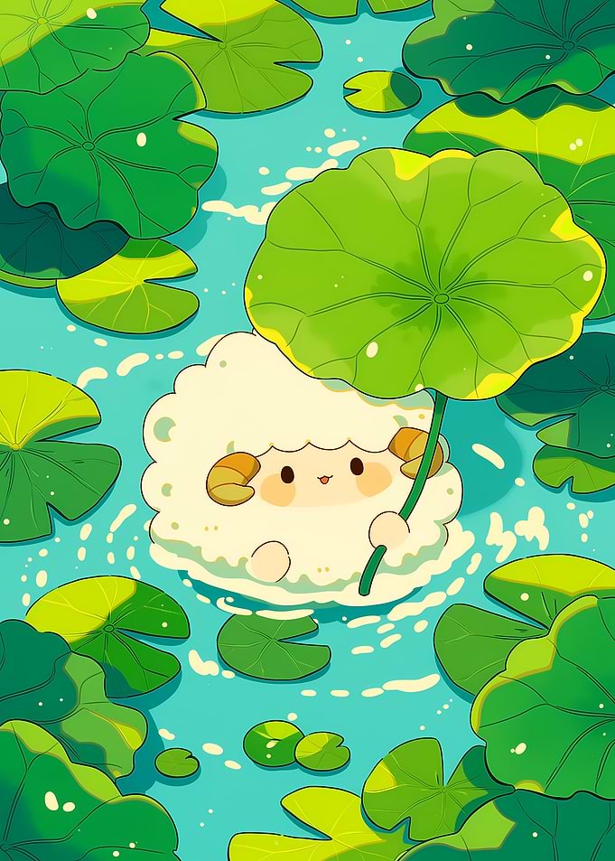 Cute Sheep Under Lotus Leaf