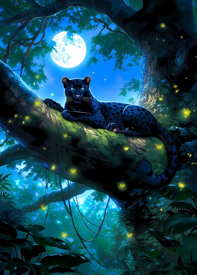 Black Panther in Moonlit Forest