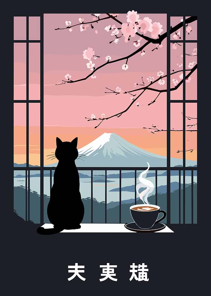 Black Cat Views Mount Fuji at Sunrise