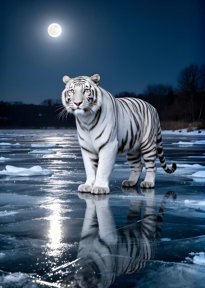 White Tiger on Ice Under Moon