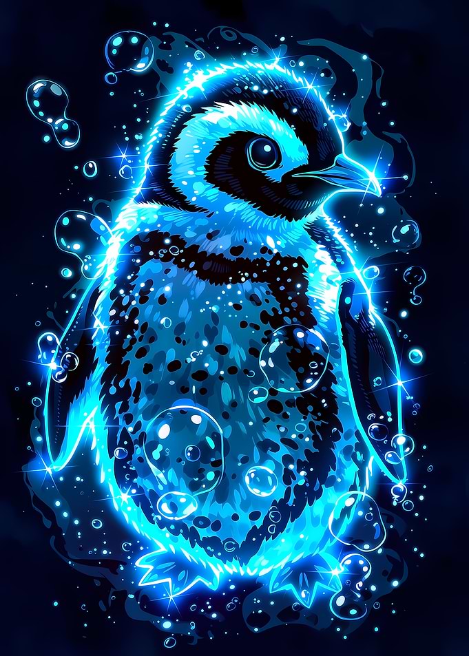 Glowing Blue Penguin with Bubbles