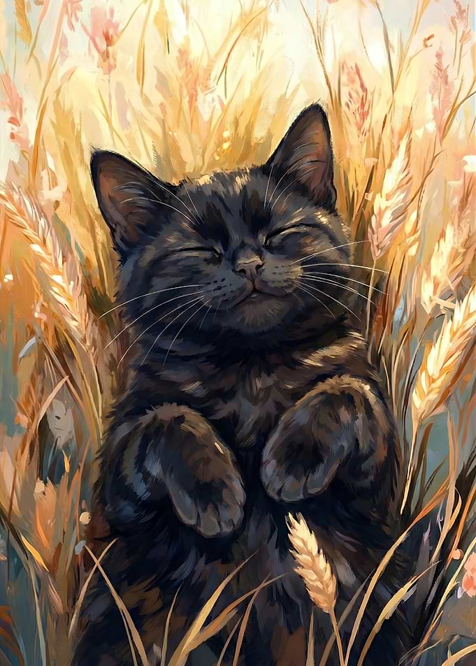 Black cat sleeping in wheat field