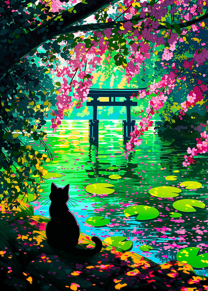 Black Cat by Torii Gate Pond