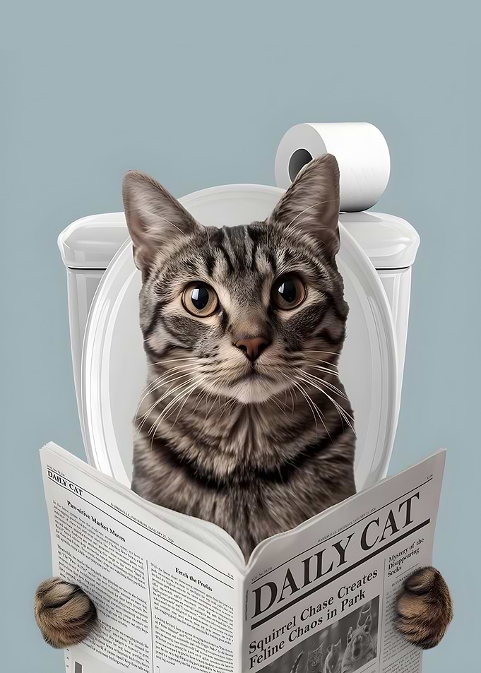 Cat reading newspaper on toilet