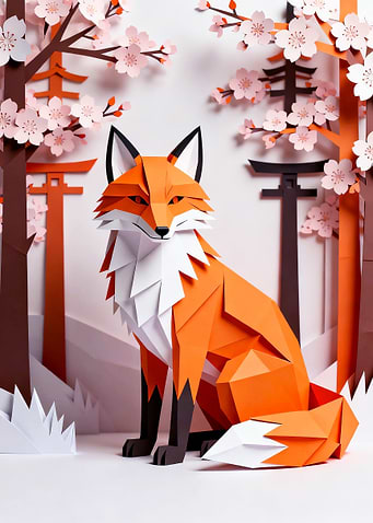Origami Fox in Cherry Blossom Forest
