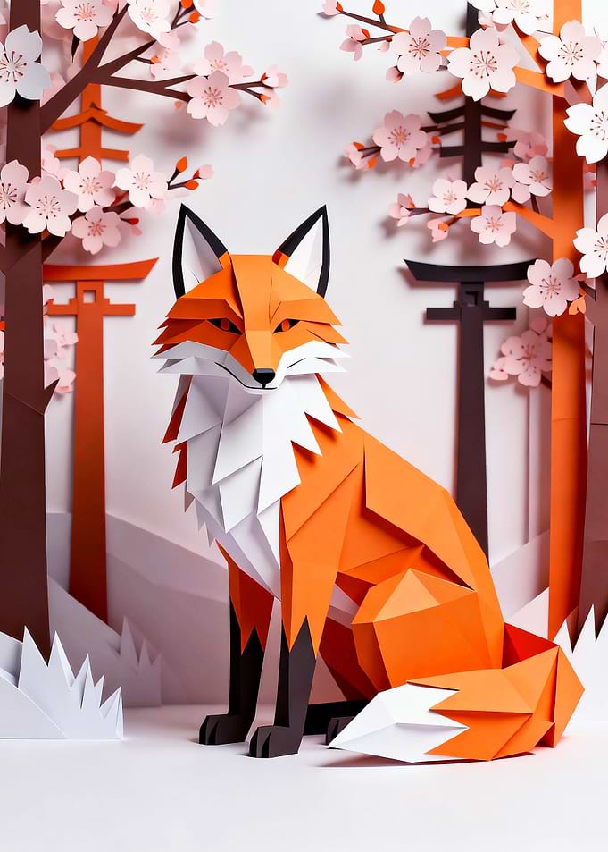 Origami Fox in Cherry Blossom Forest