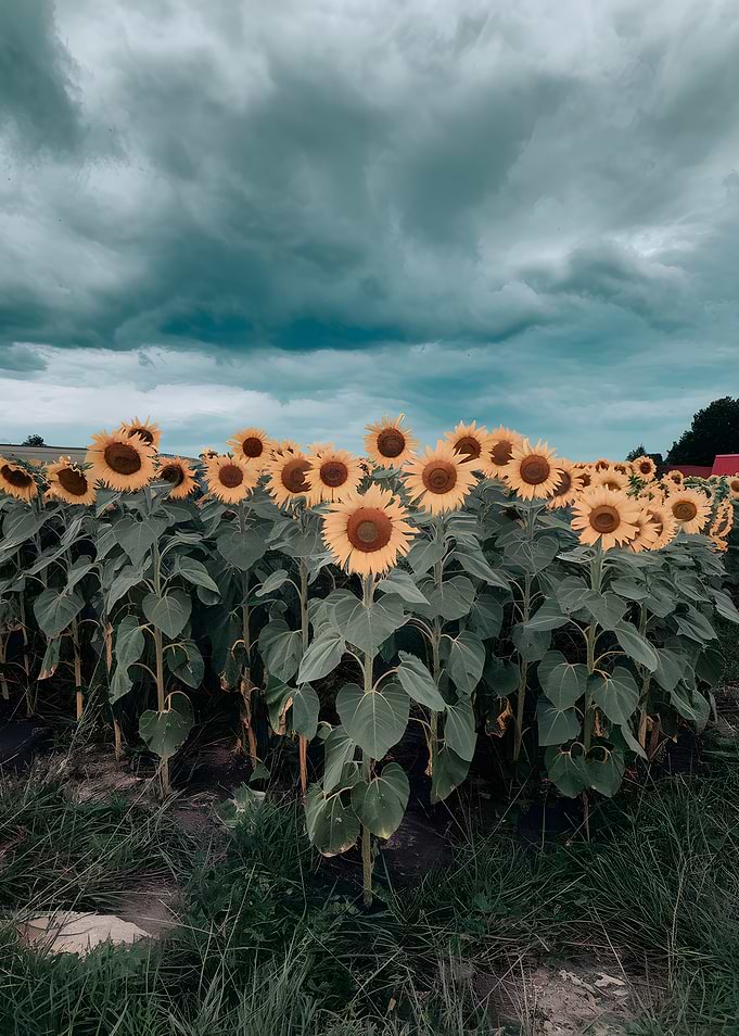 Sunflower Field Under Stormy Sky