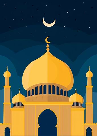 Ramadan Golden Mosque Under Crescent Moon