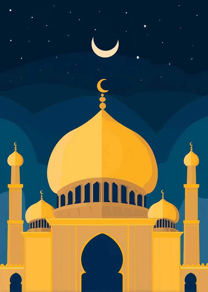 Ramadan Golden Mosque Under Crescent Moon