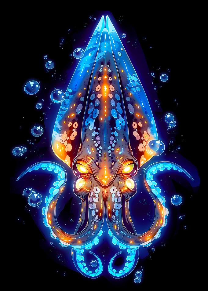 Bioluminescent Squid in Deep Sea