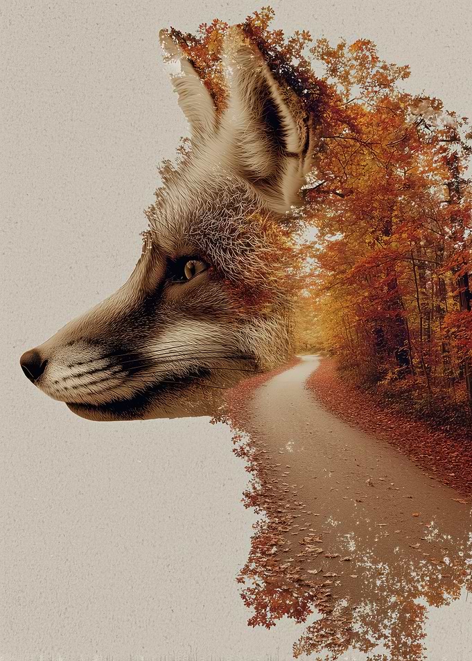 Double Exposure Fox in Autumn Forest