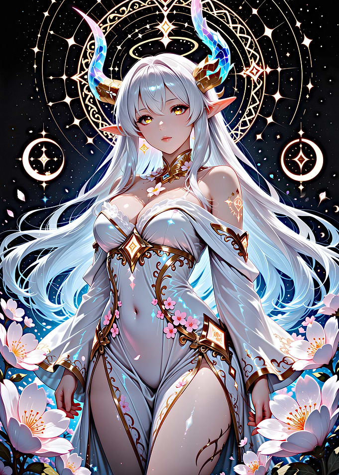 Anime Elf Girl with Horns and Flowers