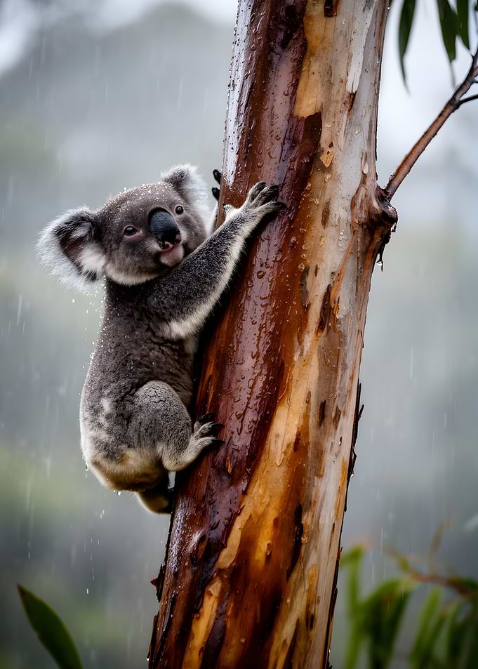 Koala climbing a wet tree in the rain