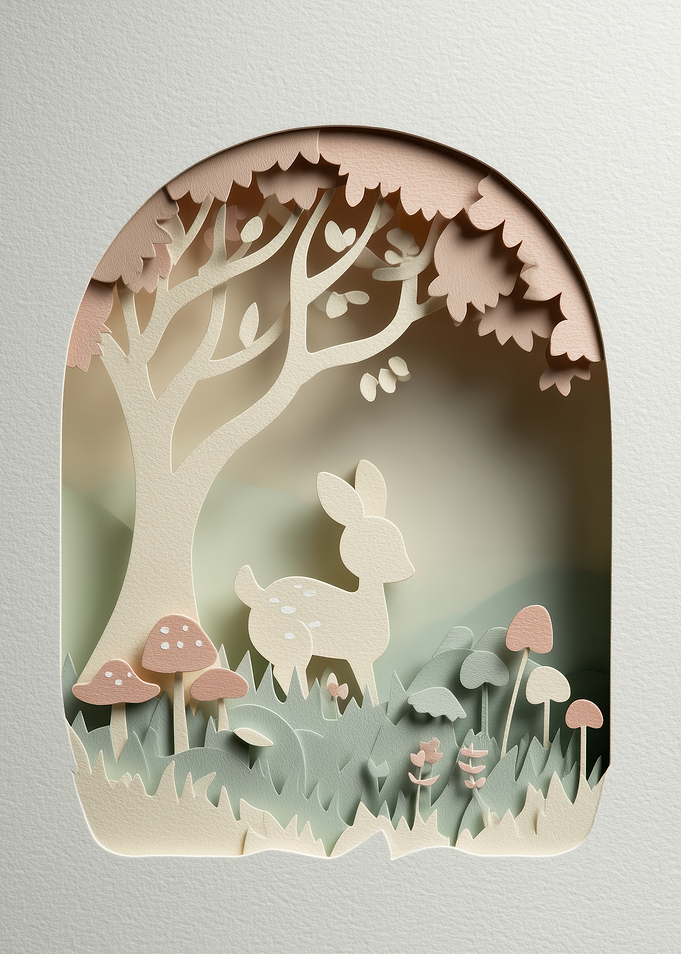 Paper Cutout Forest Scene with Deer