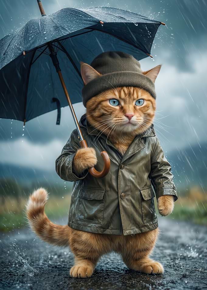 Cat in Raincoat with Umbrella
