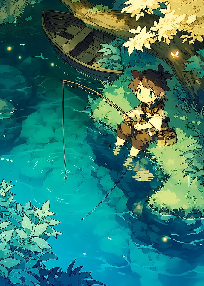 Boy fishing by a serene river