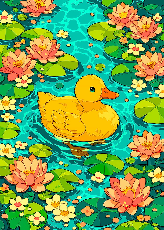 Cute Duckling in a Pond with Water Lilies