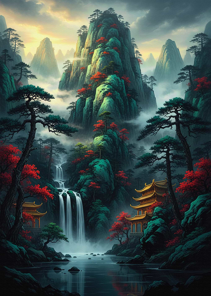 Mystic Chinese Mountain Red Forest Landscape