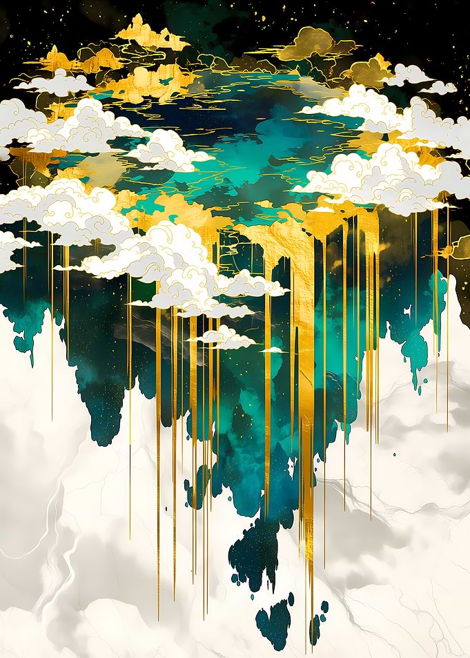 Abstract Golden Clouds and Teal Landscape