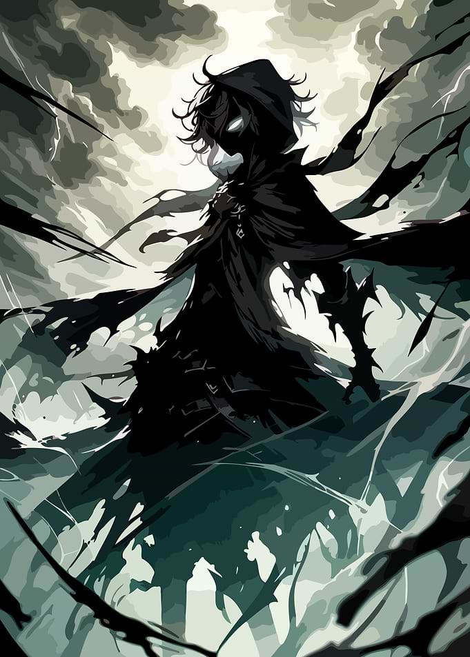 Dark Hooded Figure in Stormy Environment
