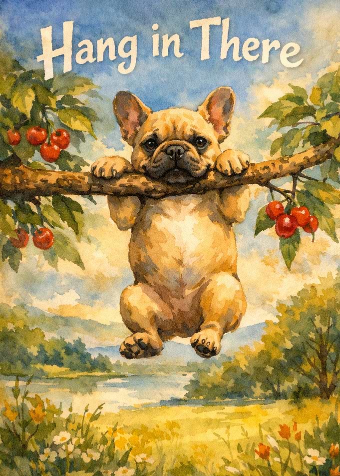 French Bulldog Funny Hangs on Tree Branch