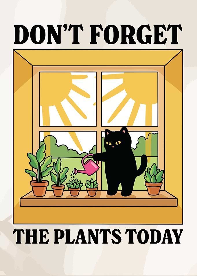 Funny Black Cat Watering Plants Reminder