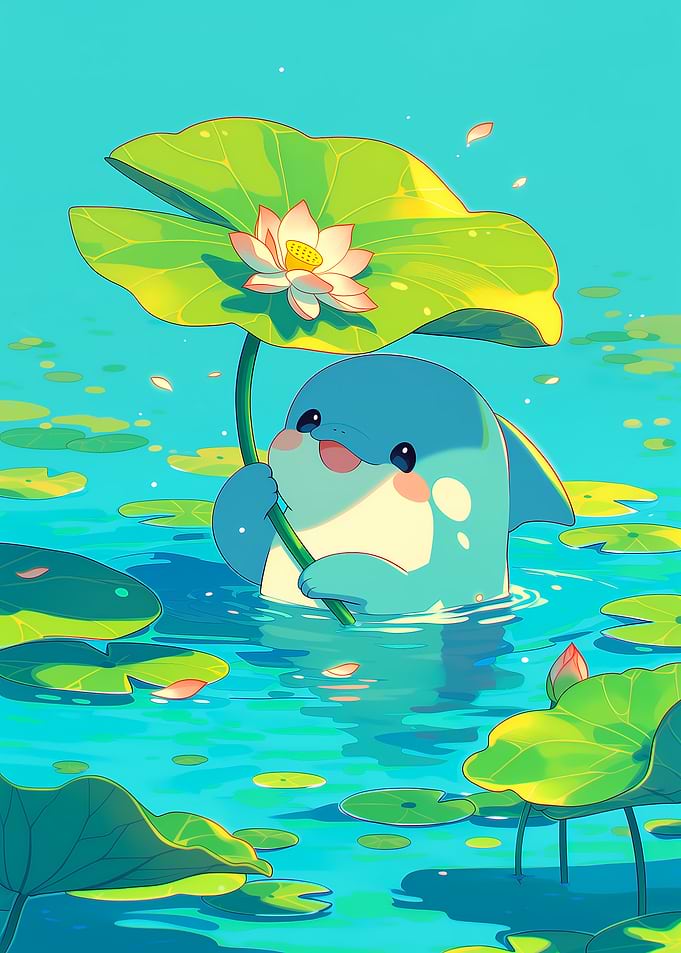 Cute Dolphin Holding Lotus Leaf Umbrella