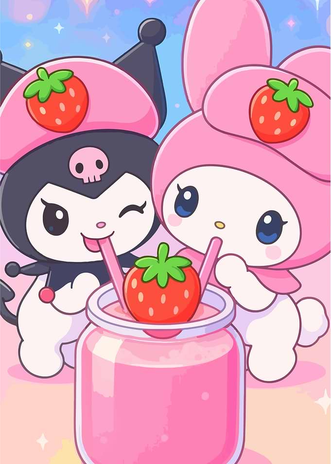 Kuromi and My Melody Drinking Strawberry Smoothie