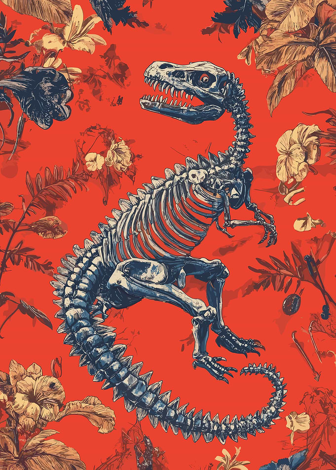 Dinosaur Skeleton with Floral Background