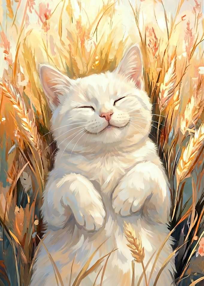 Happy White Cat in Wheat Field