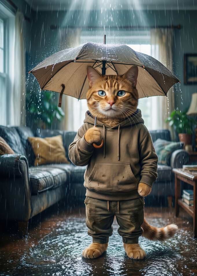 Cat with Umbrella in Rain