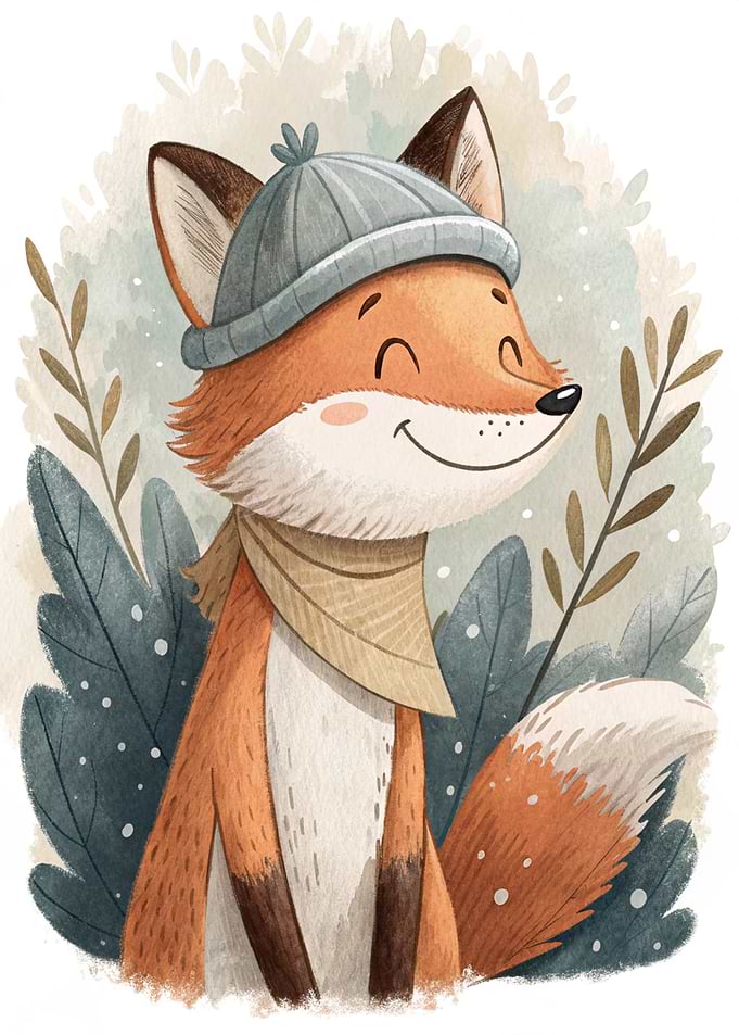 Cute Fox in Winter Hat and Scarf
