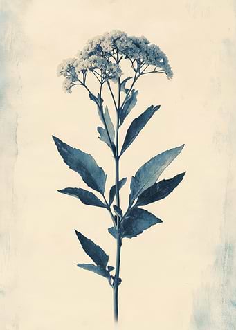 Vintage Yarrow Botanical Study Wall Art | Cyanotype of a Flowering Plant