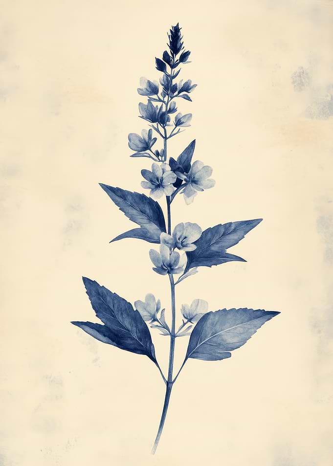 Blue Botanical Illustration of a Plant | Vintage Timothy Grass Botanical Wall Art