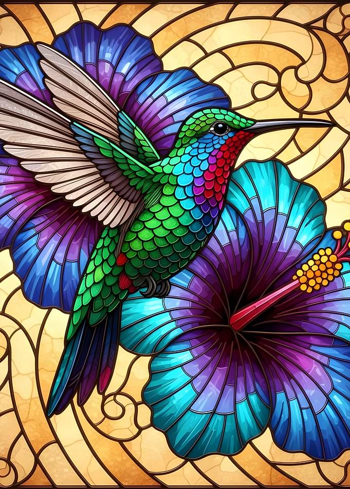 Stained Glass Hummingbird and Hibiscus