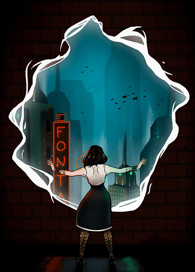 Woman Gazing at a Neon Cityscape