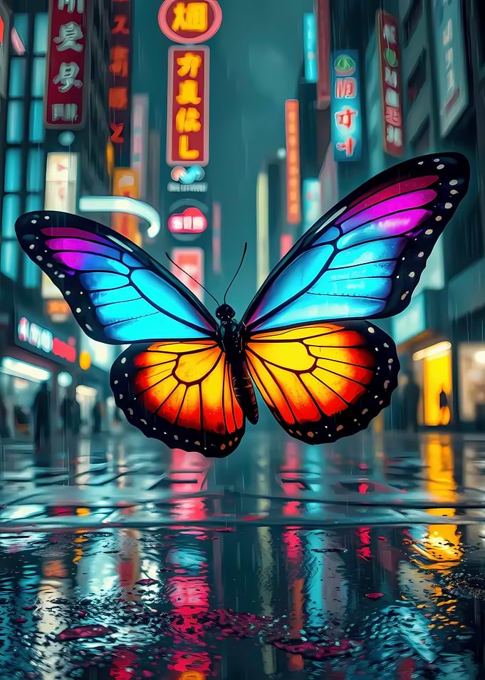 Butterfly in Neon City Rain