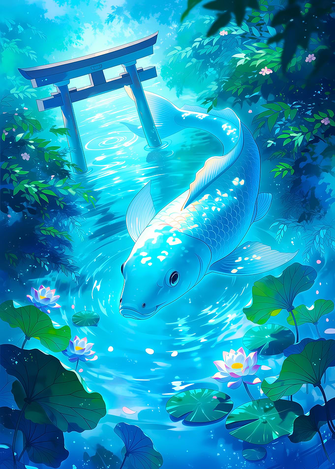 Blue Koi Fish and Torii Gate