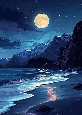 Moonlit Mountain Beach Scene