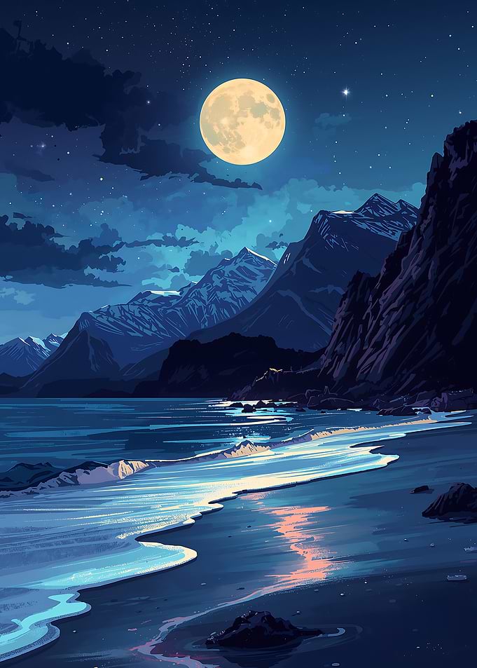 Moonlit Mountain Beach Scene