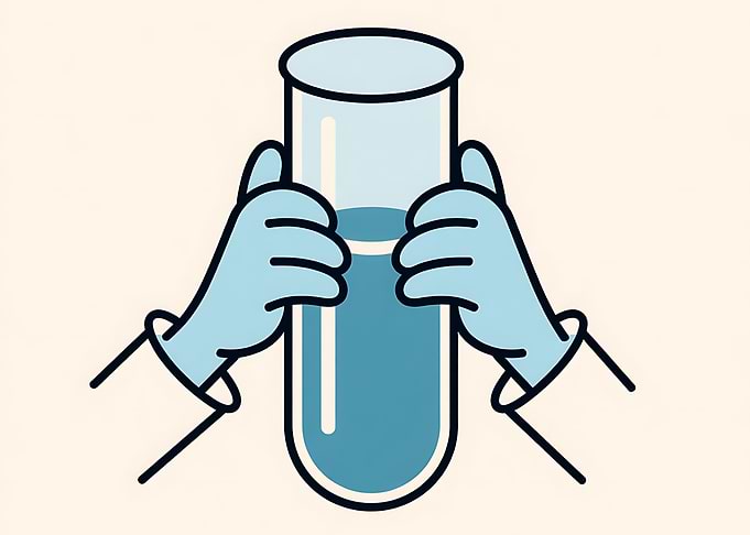 Hands holding a test tube with blue liquid