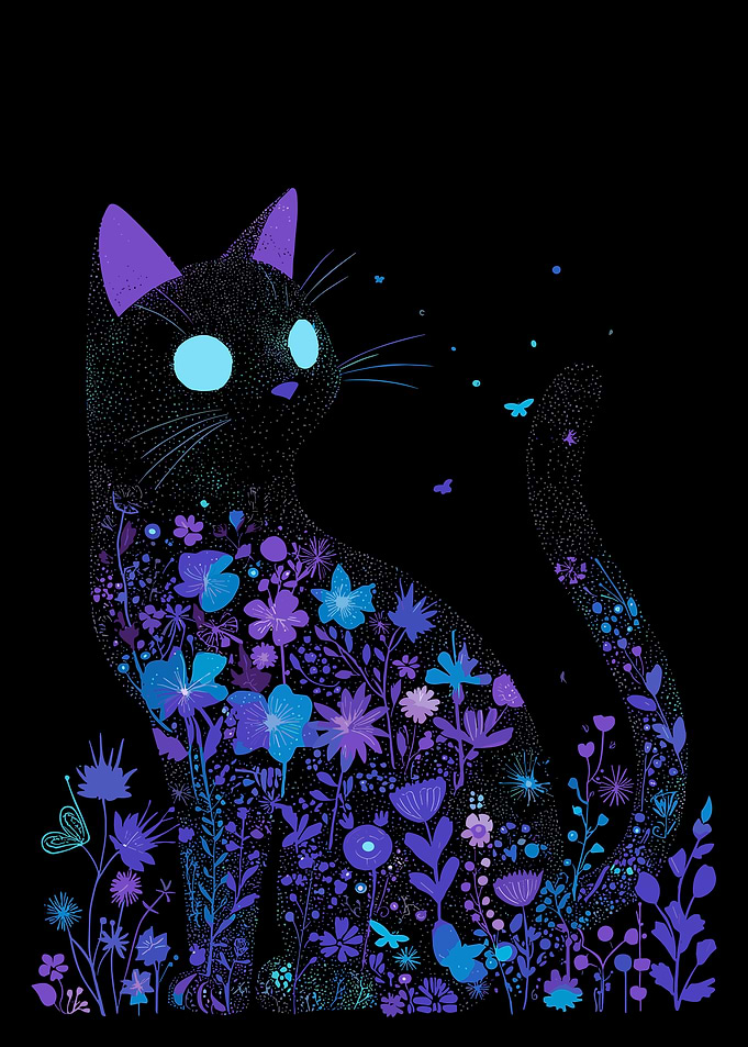 Floral Black Cat Poster, Magical Purple Blue Cat Wall Art, Whimsical Gothic Decor