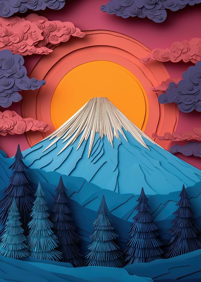 Papercraft Mount Fuji at Sunset