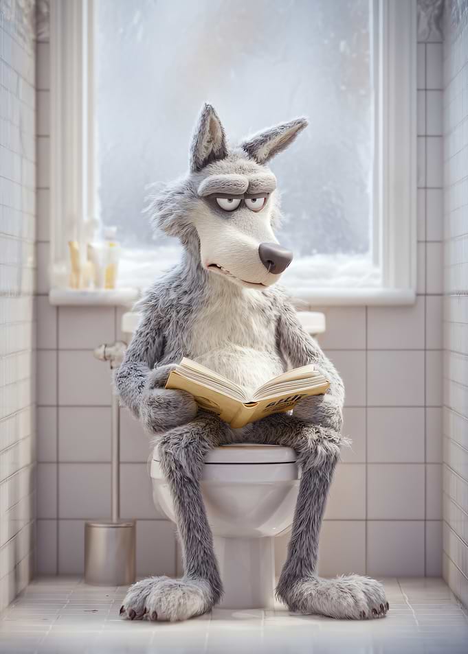 Wolf Reading on Toilet