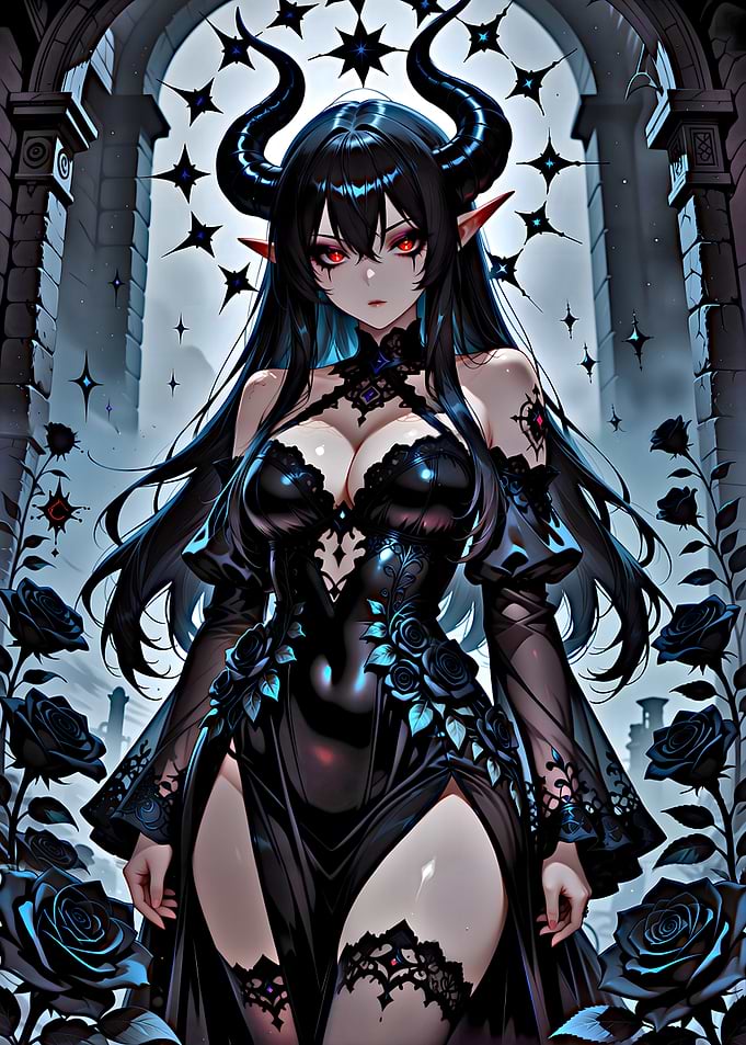 Gothic Demon Girl with Black Roses